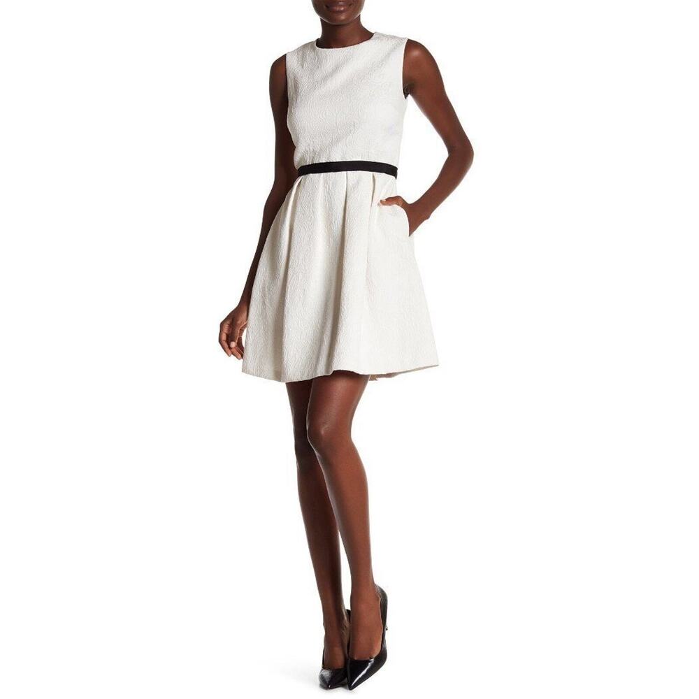 $295 Erin Fetherston Ivory Brocade Black Grosgrain Fit & Flare Dress 8 NEW E598